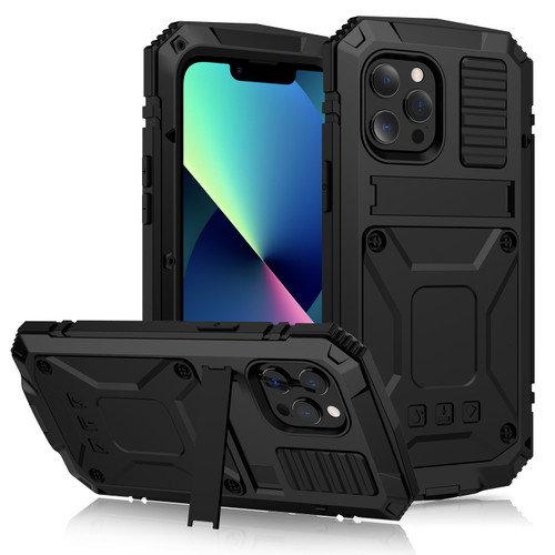 iPhone 13 mini R-JUST Shockproof Water Resistant Dust-proof Metal + Silicone Protective Case with Holder - Black